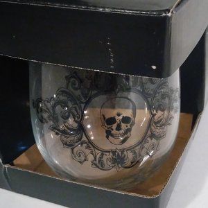 HALLOWS EVE SKULL PRINT STEMLESS WINE GLASSES NEW Set of 4 halloween gothic